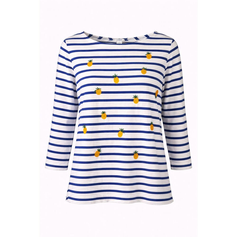 J.Crew Pineapple Stripe Top L Blue White Nautical Embroidered Cotton Shirt